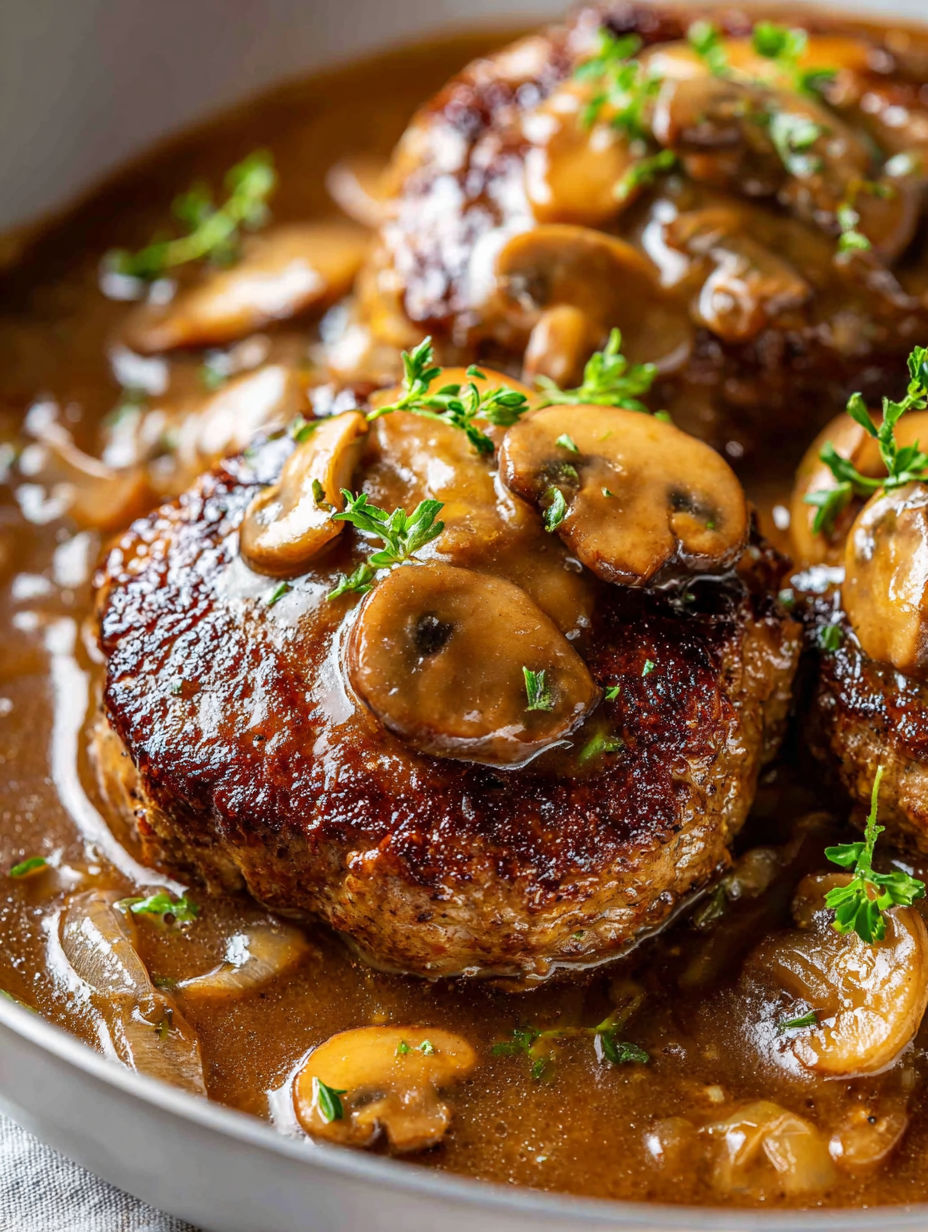 Nahaufnahme von einem Stück Fleisch mit Pilzen obendrauf.