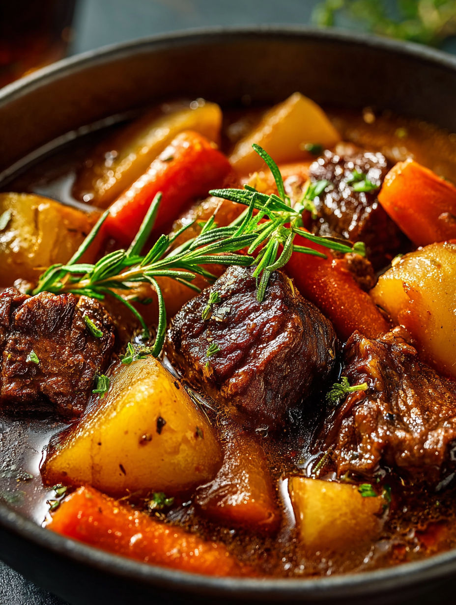 Nahaufnahme von Eintopf mit Fleisch und Gemüse.