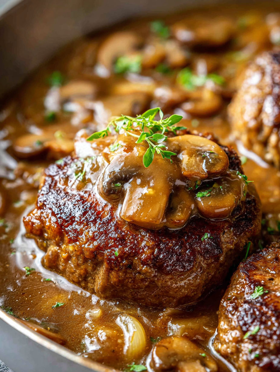 Nahaufnahme von einem Stück Fleisch mit Pilzen oben drauf.