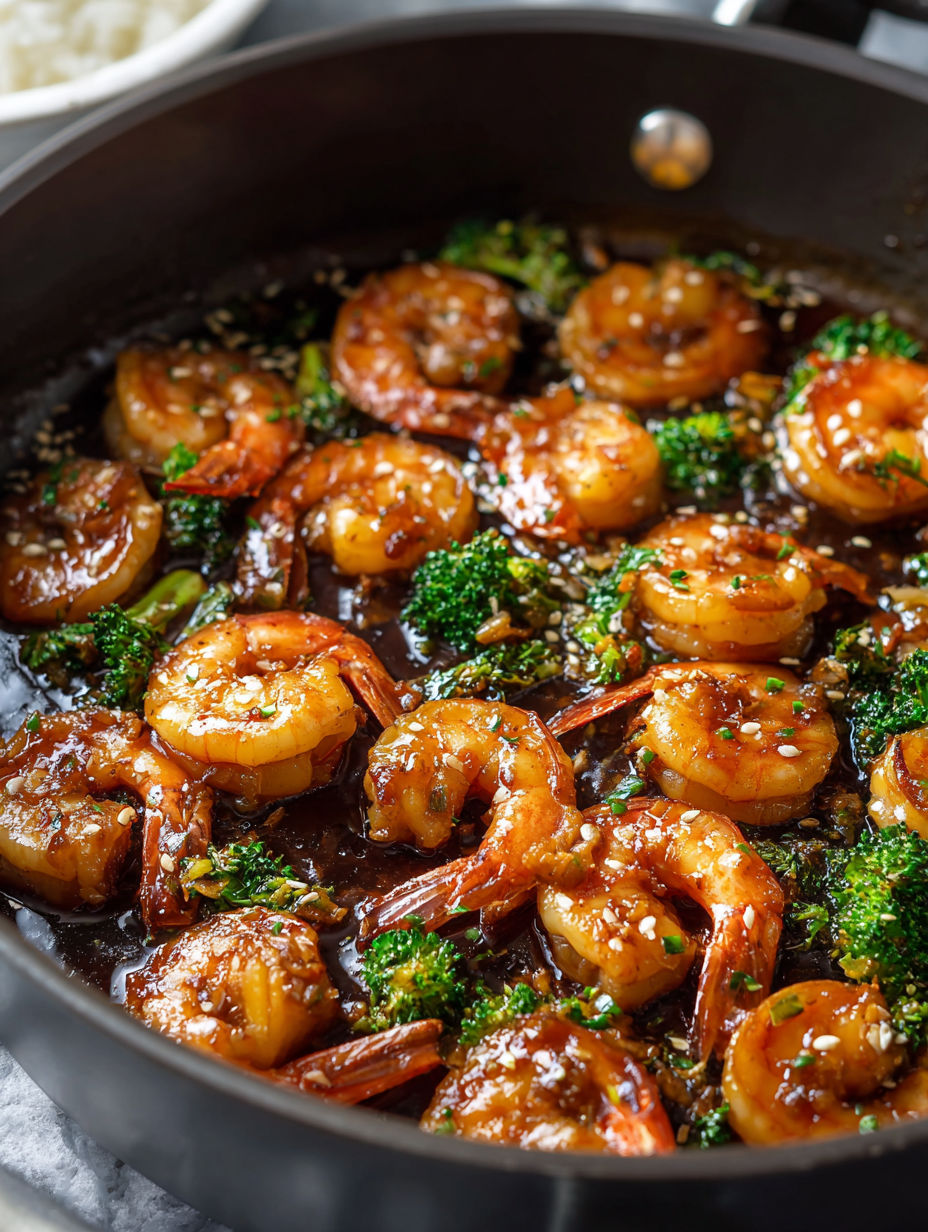 Pfanne mit Garnelen, Knoblauch und Honig.