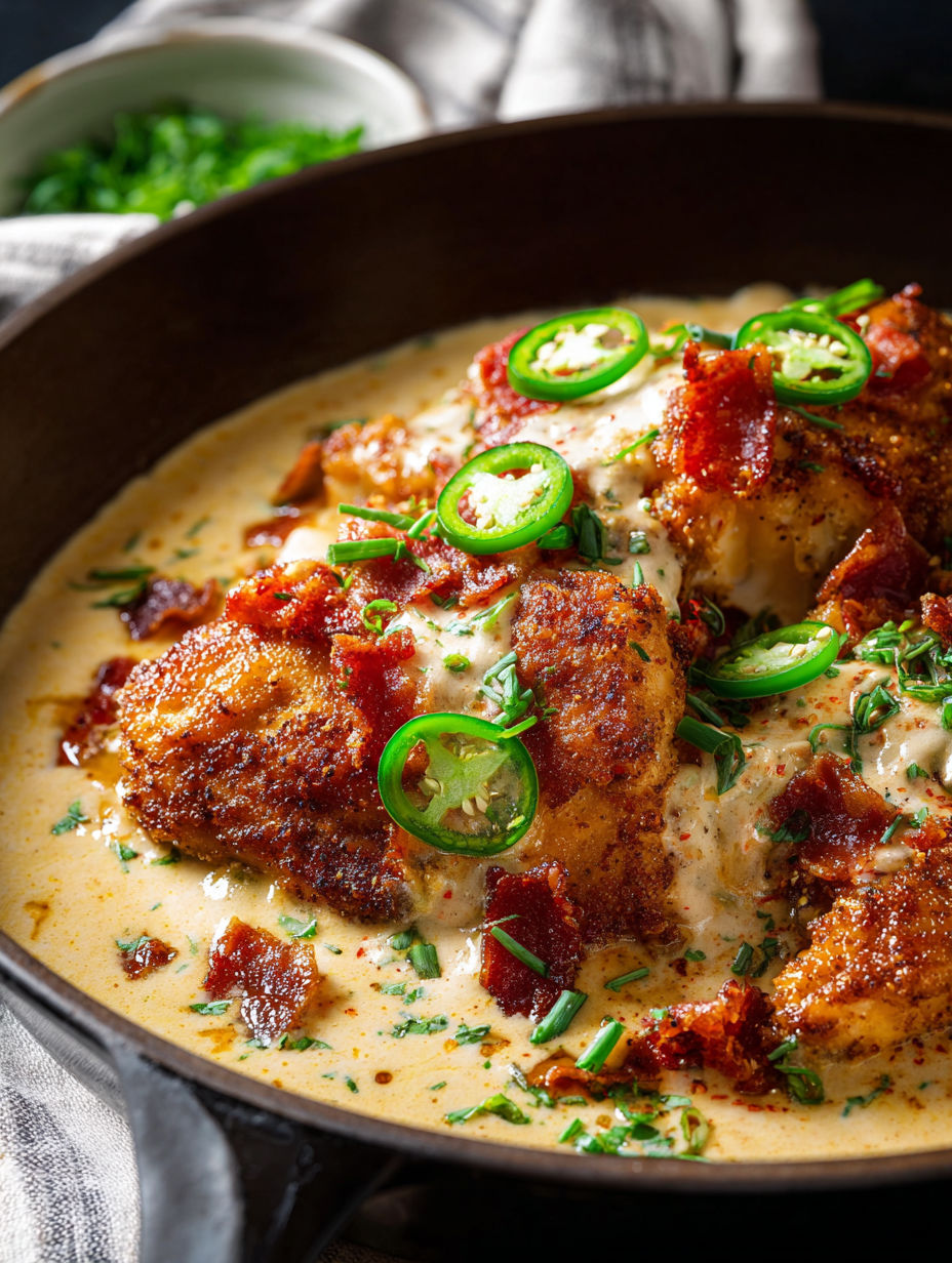 Schüssel mit Hähnchen und Jalapeños obendrauf.