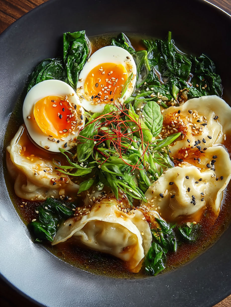 Eine Schale mit leckerer Teigtaschen-Ramen.