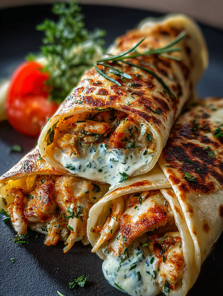 Ein Teller mit knusprigen Knoblauch Huhn Wraps.