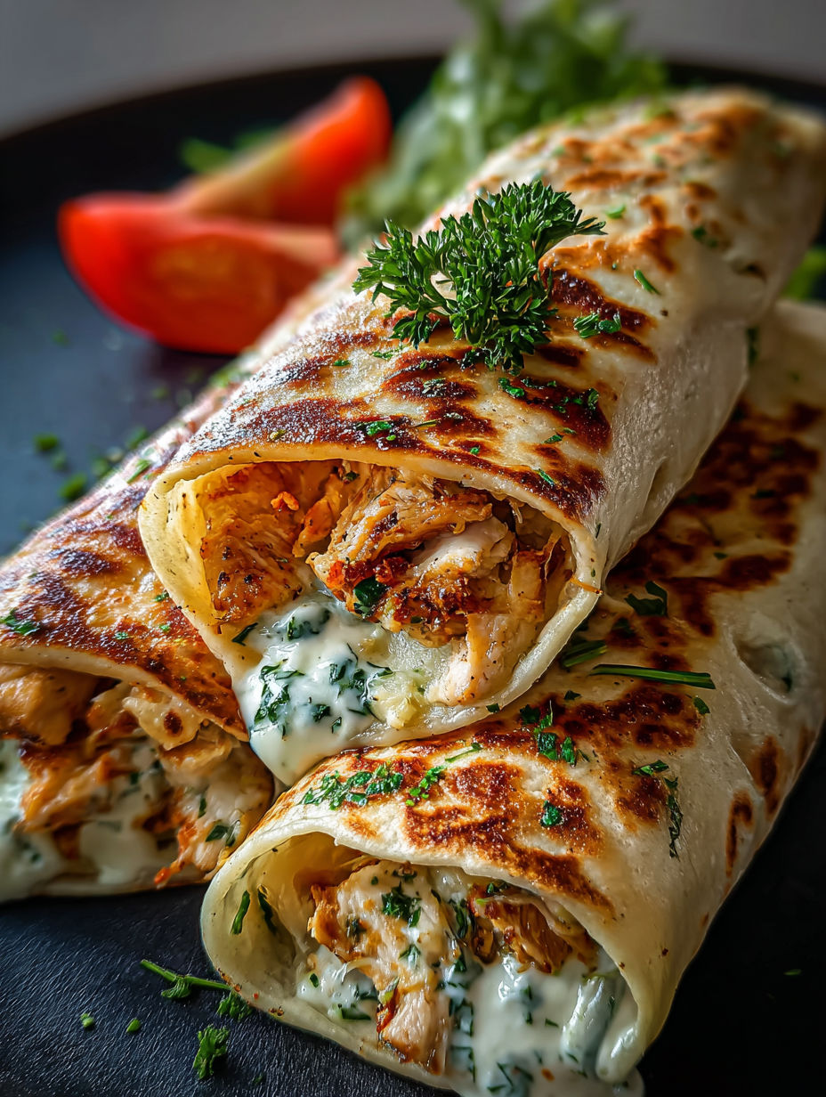 Ein käsiger Hähnchen-Knoblauch-Wrap.