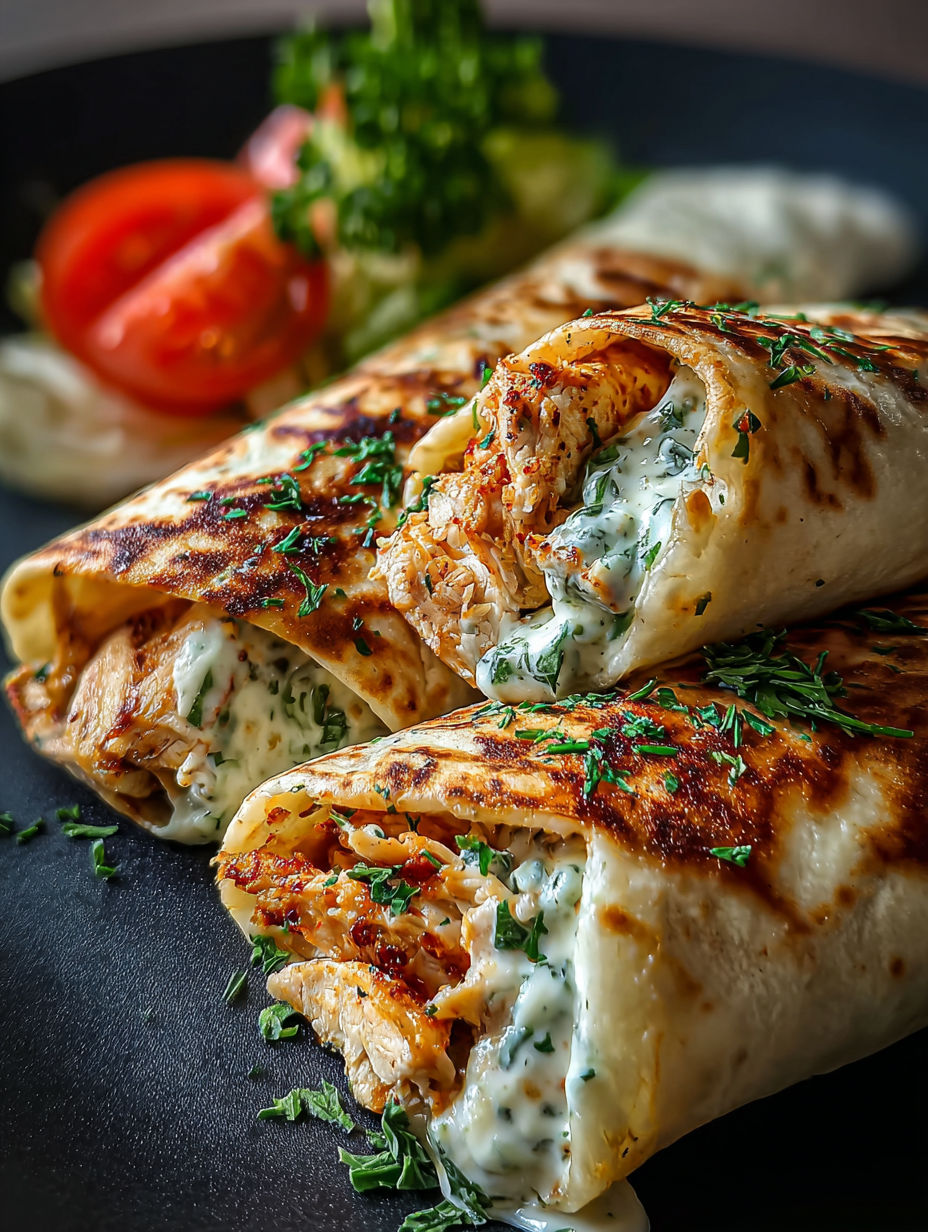 Zwei käsige Hähnchen-Knoblauch-Wraps auf ’nem Teller.