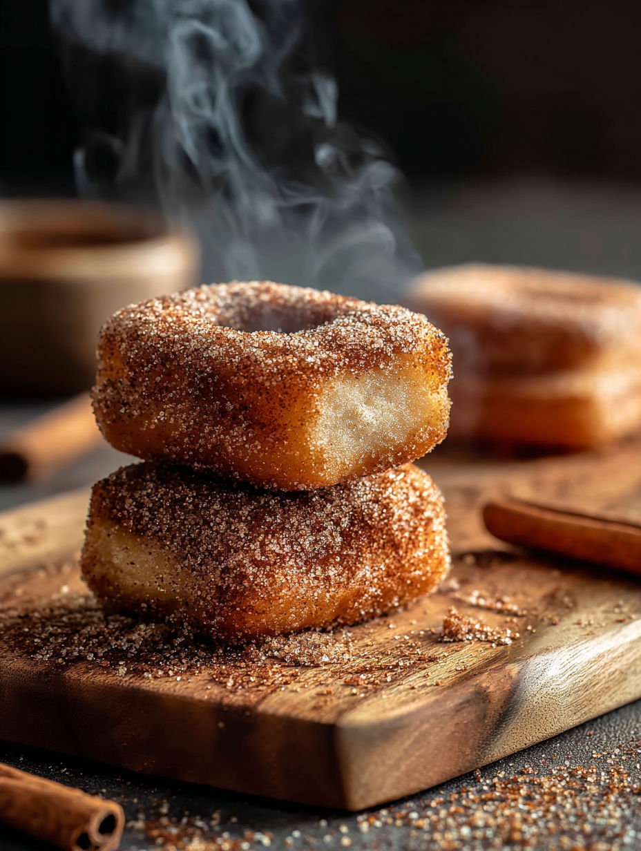 Ein Stapel Zimtdonuts auf einem Holzbrett.