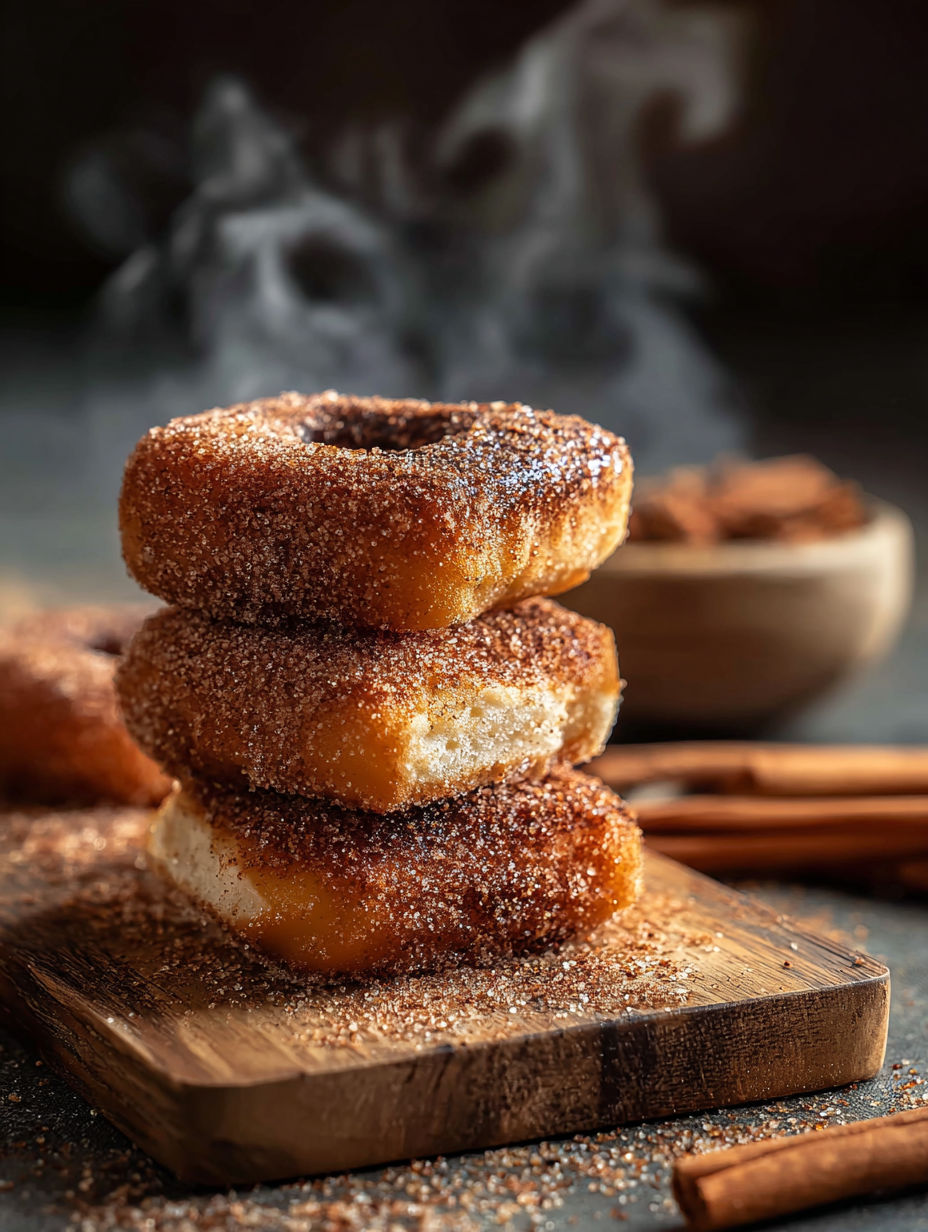 Ein Stapel Zimt-Donuts auf einem Tisch.