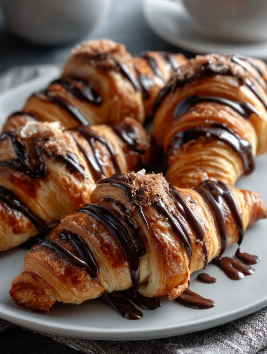 Croissants mit Schokoladenglasur auf einem Teller.