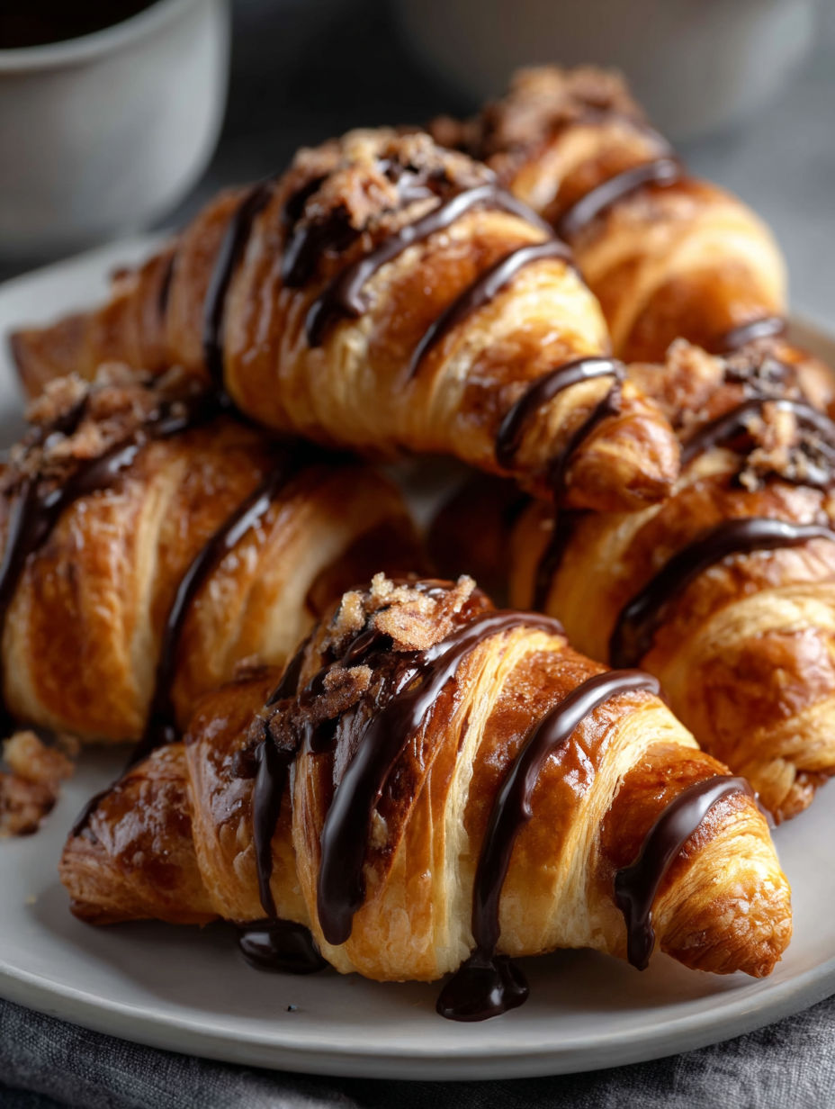 Mit Schokolade verzierte Croissants auf einem Teller.