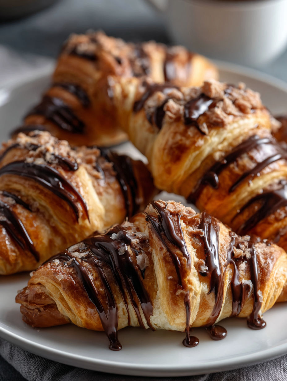 Mit Schokolade verzierte Croissants auf einem Teller.