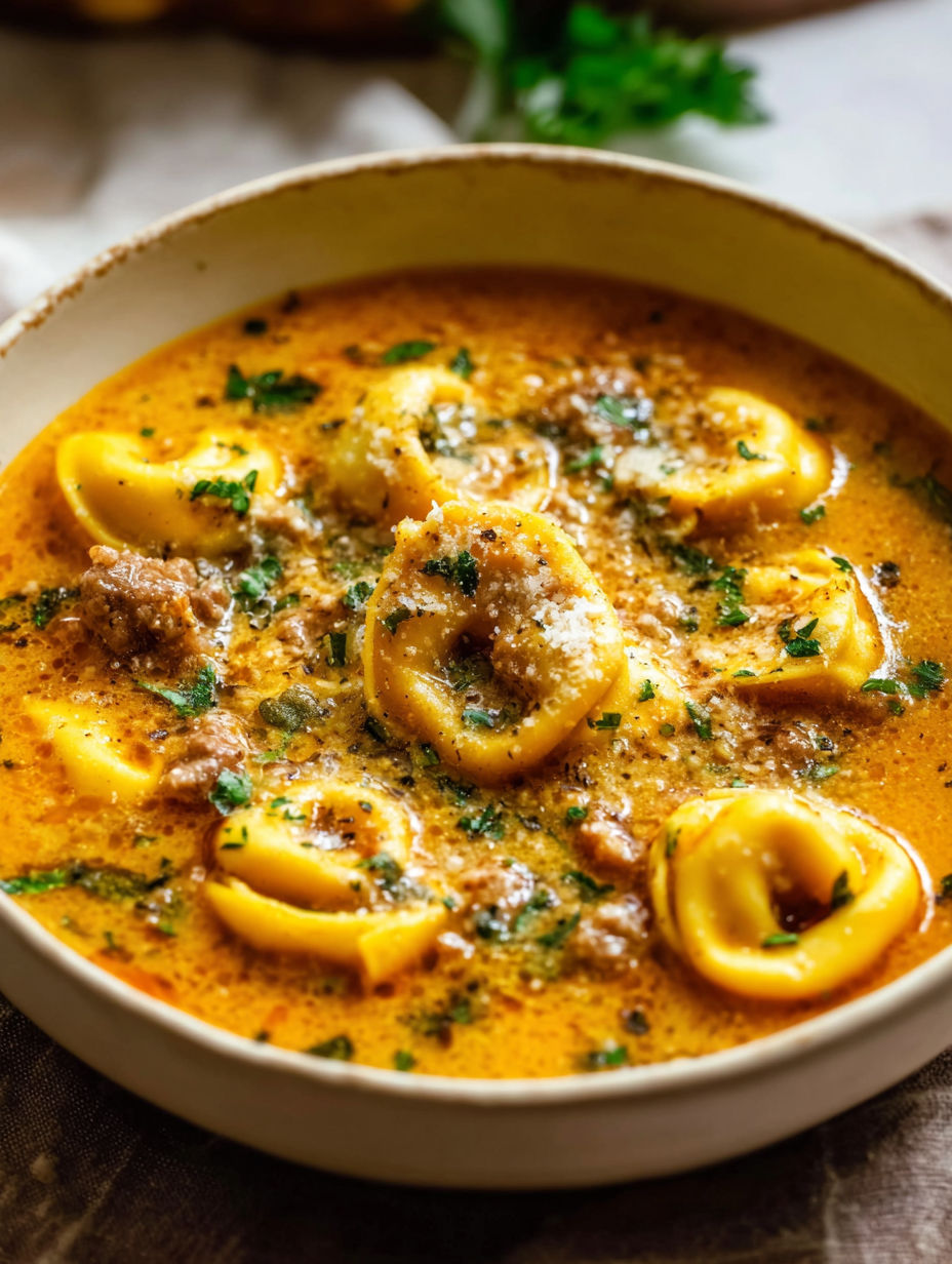 Eine Schüssel Suppe mit Pasta und Fleisch darin.
