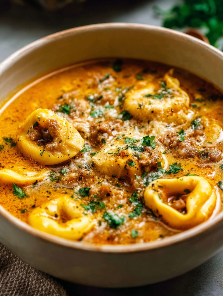 Eine Schüssel Suppe mit Pasta und Fleisch.