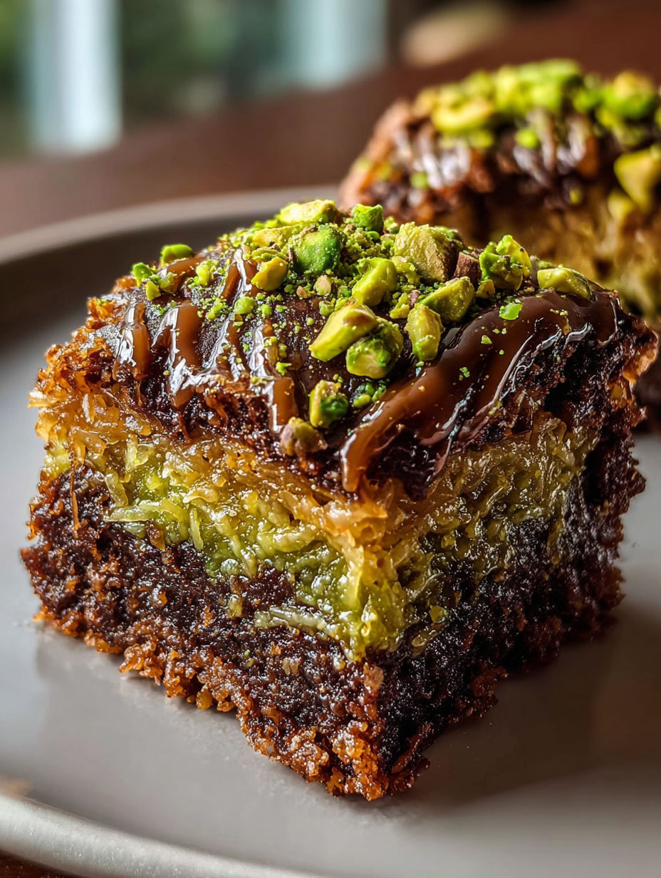 Ein Stück Pistazien-Kunafa-Brownies mit Karamell-Topping.