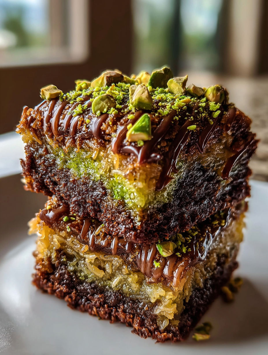 Ein Stück Pistazien-Kunafa-Brownies.
