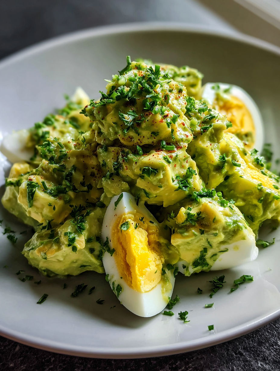 Ein Teller mit cremiger Avocado Ei Creme.