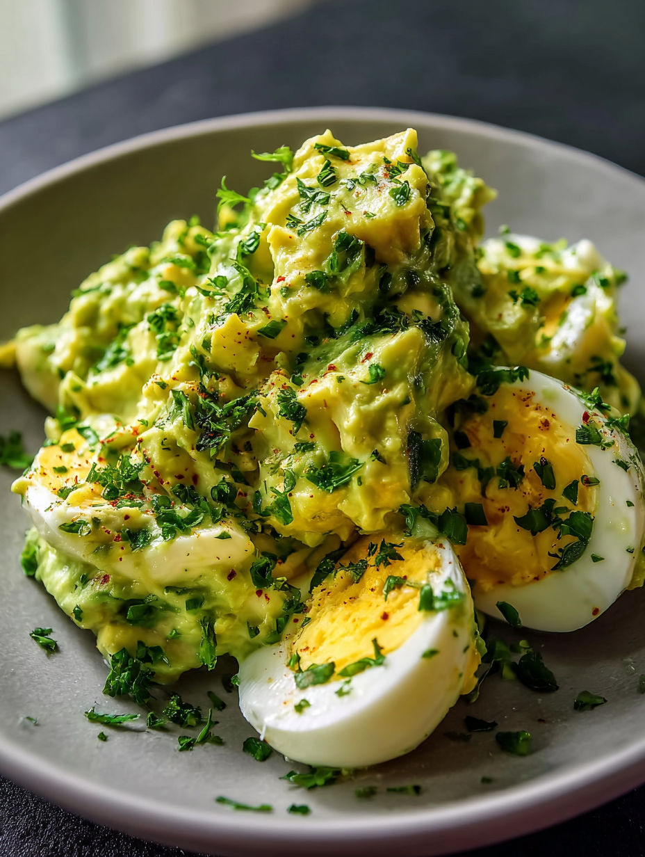 Ein Teller mit cremiger Avocado-Ei-Mischung.