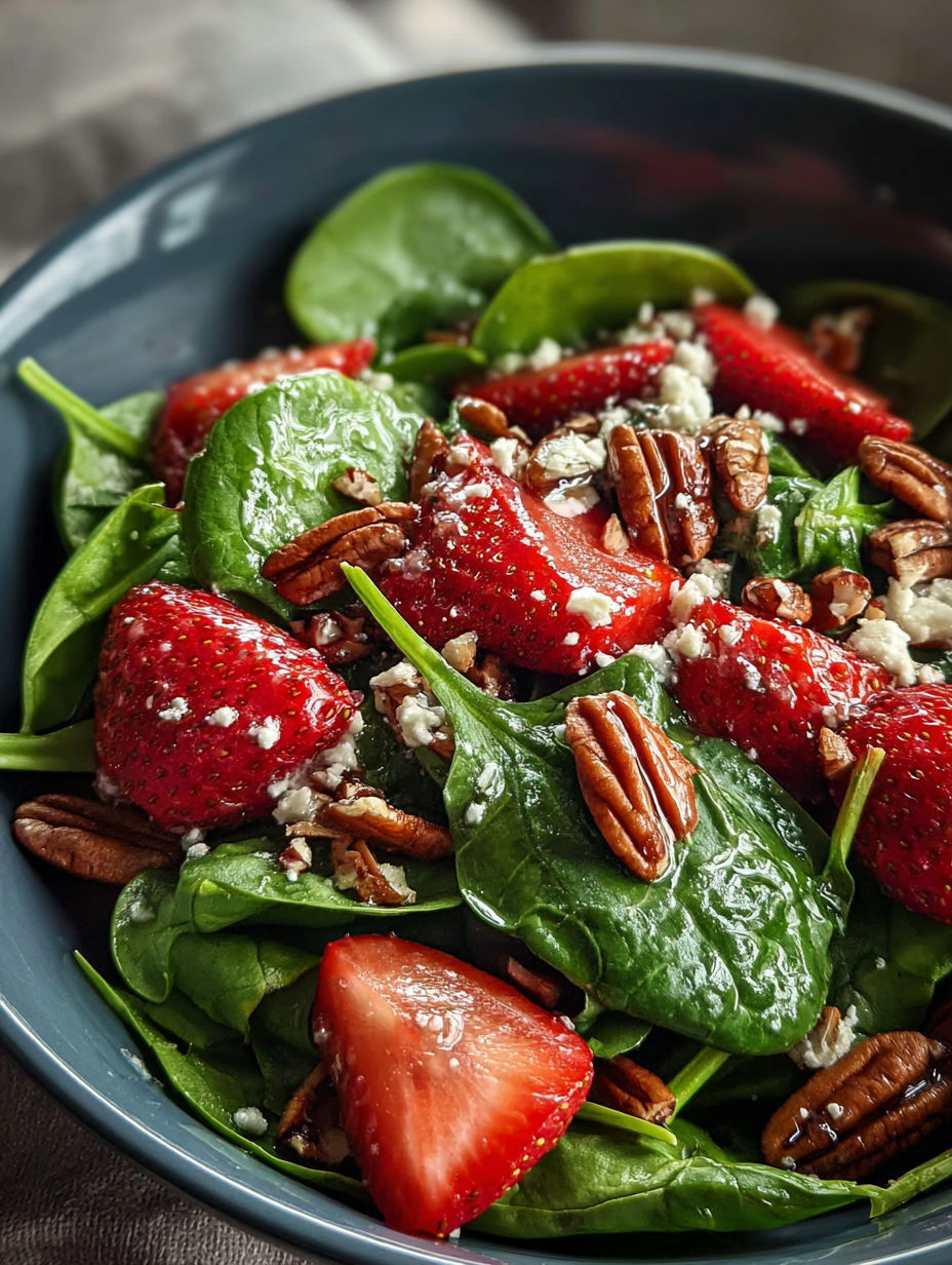 Eine Schale voll Blattspinat Erdbeer Salat mit Pekannüssen.