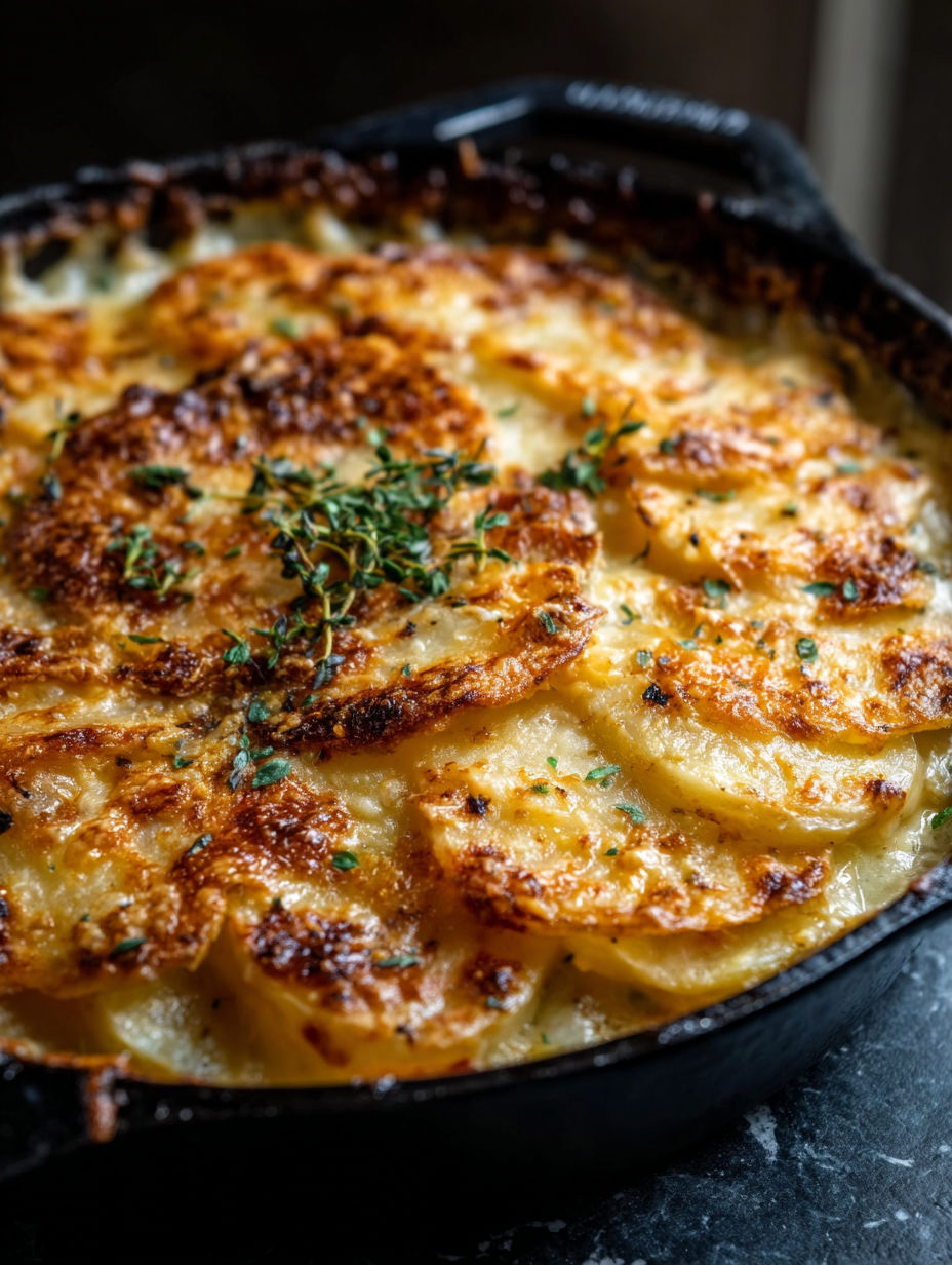 Kartoffelgratin in einem schwarzen Topf.