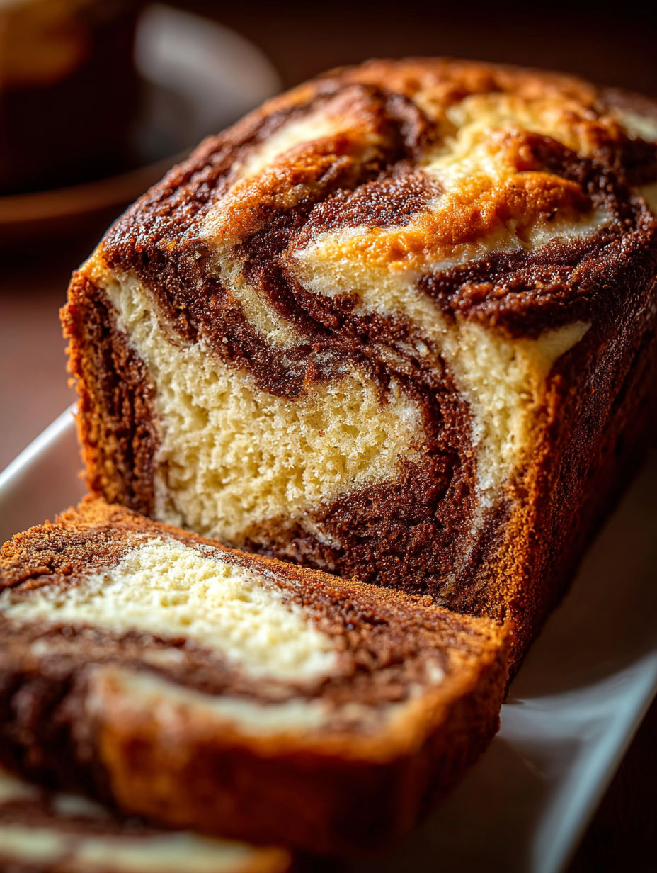 Ein Stück Bananenbrot mit Frischkäse-Zimt-Schicht.