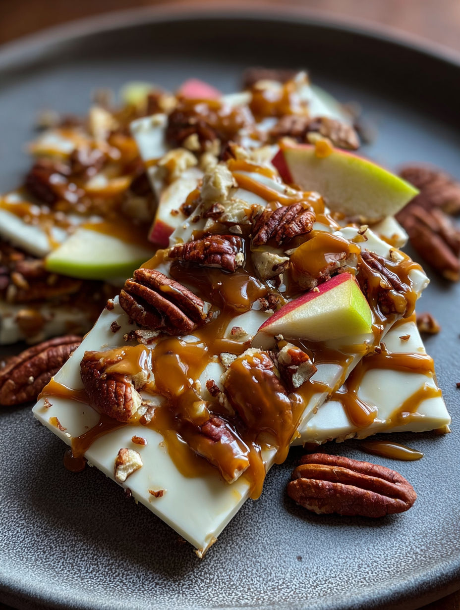Nahaufnahme von Karamell-Apfel-Schnitten.
