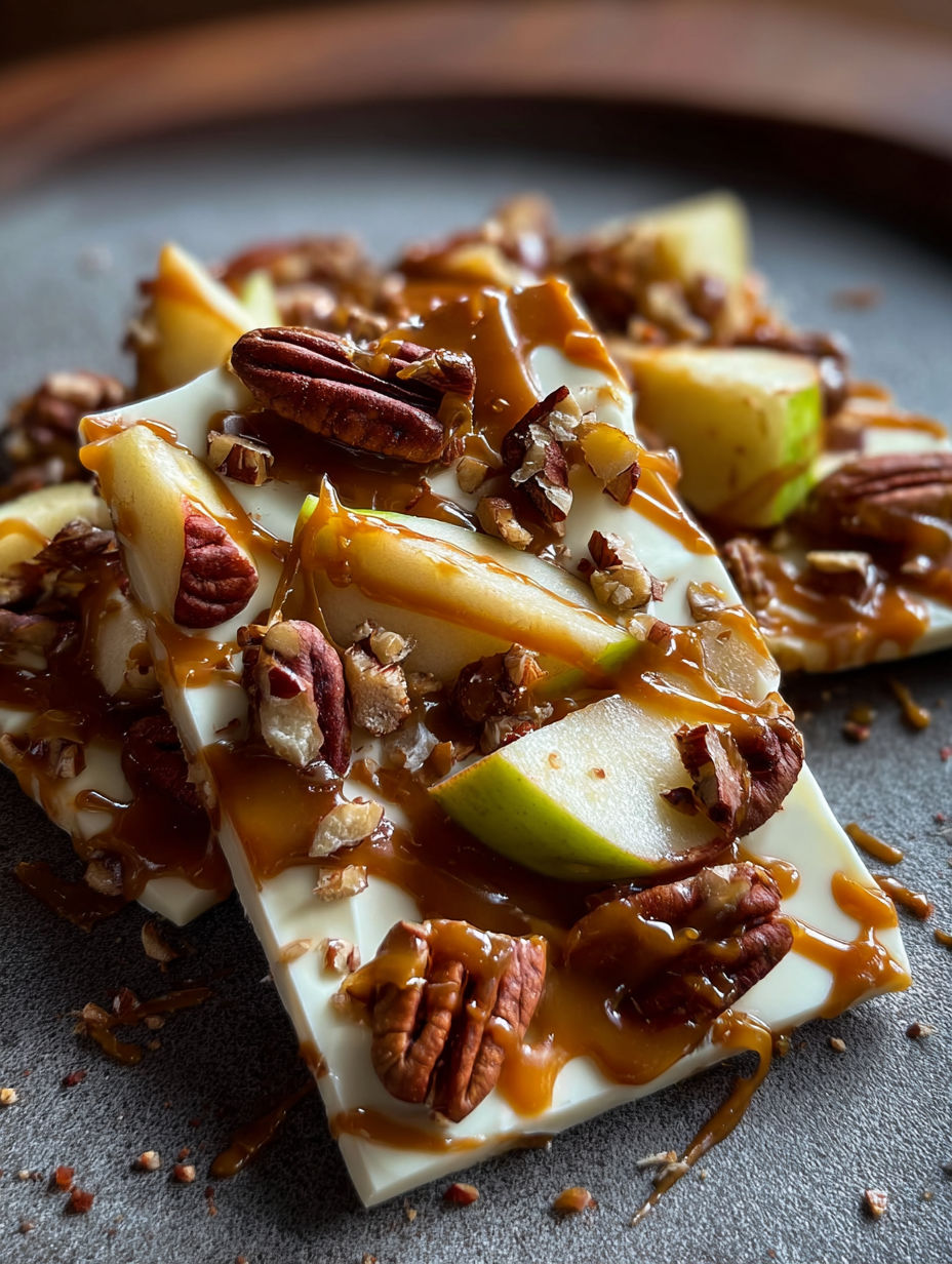 Nahaufnahme von Karamell-Apfel-Schnitten.