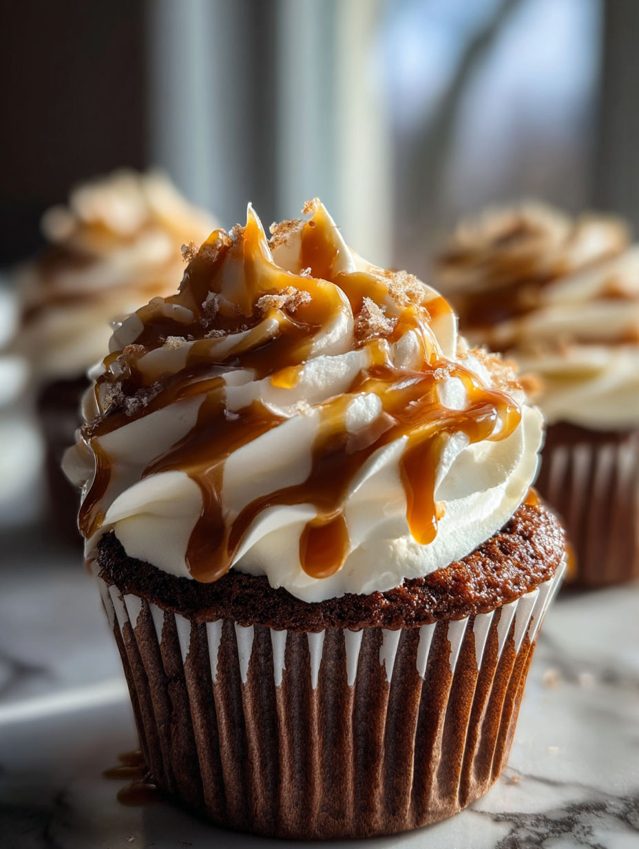 Ein Cupcake mit Karamellsauce und Sahne.