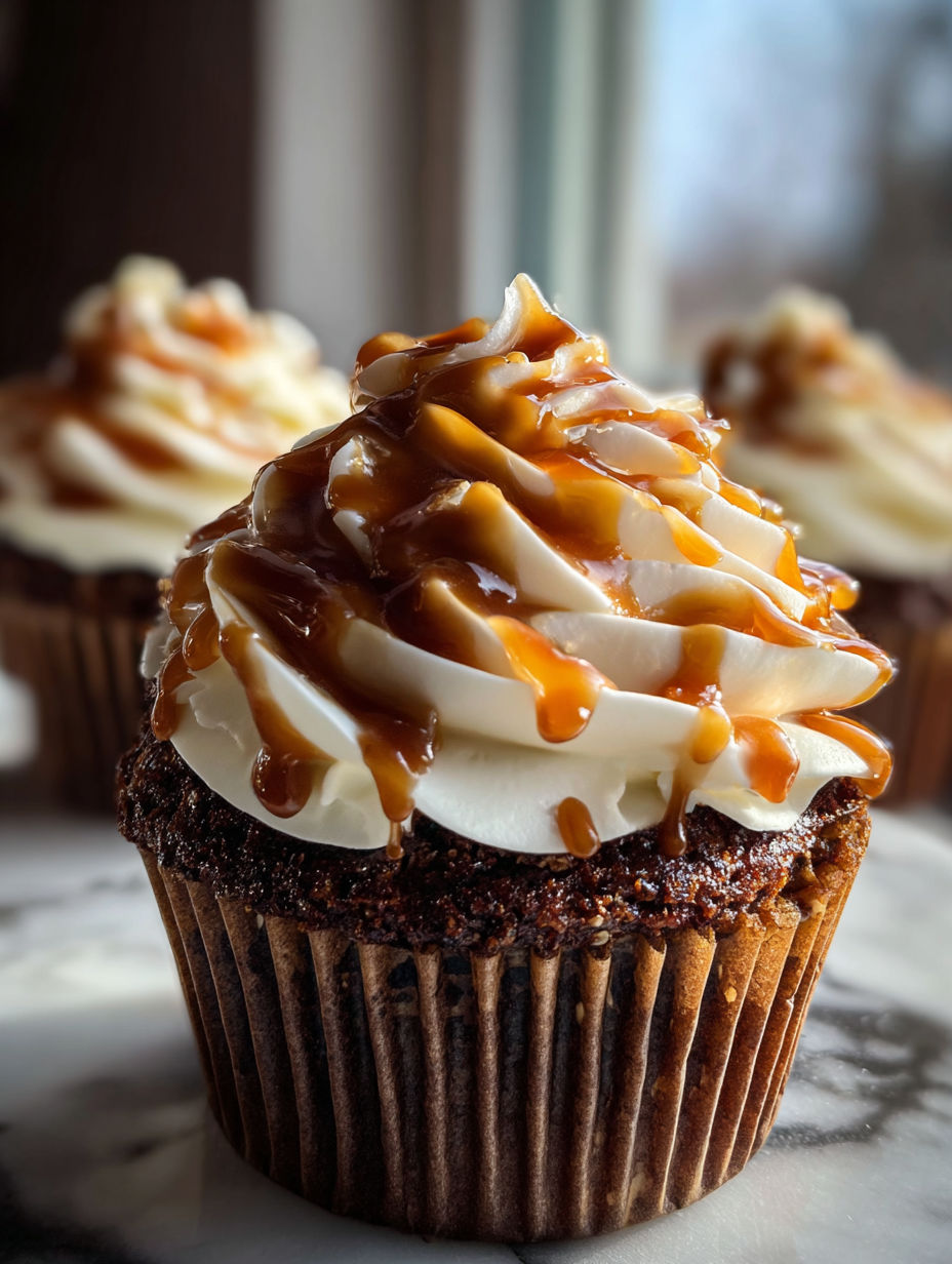 Ein Cupcake mit Karamellsauce und Sahne.