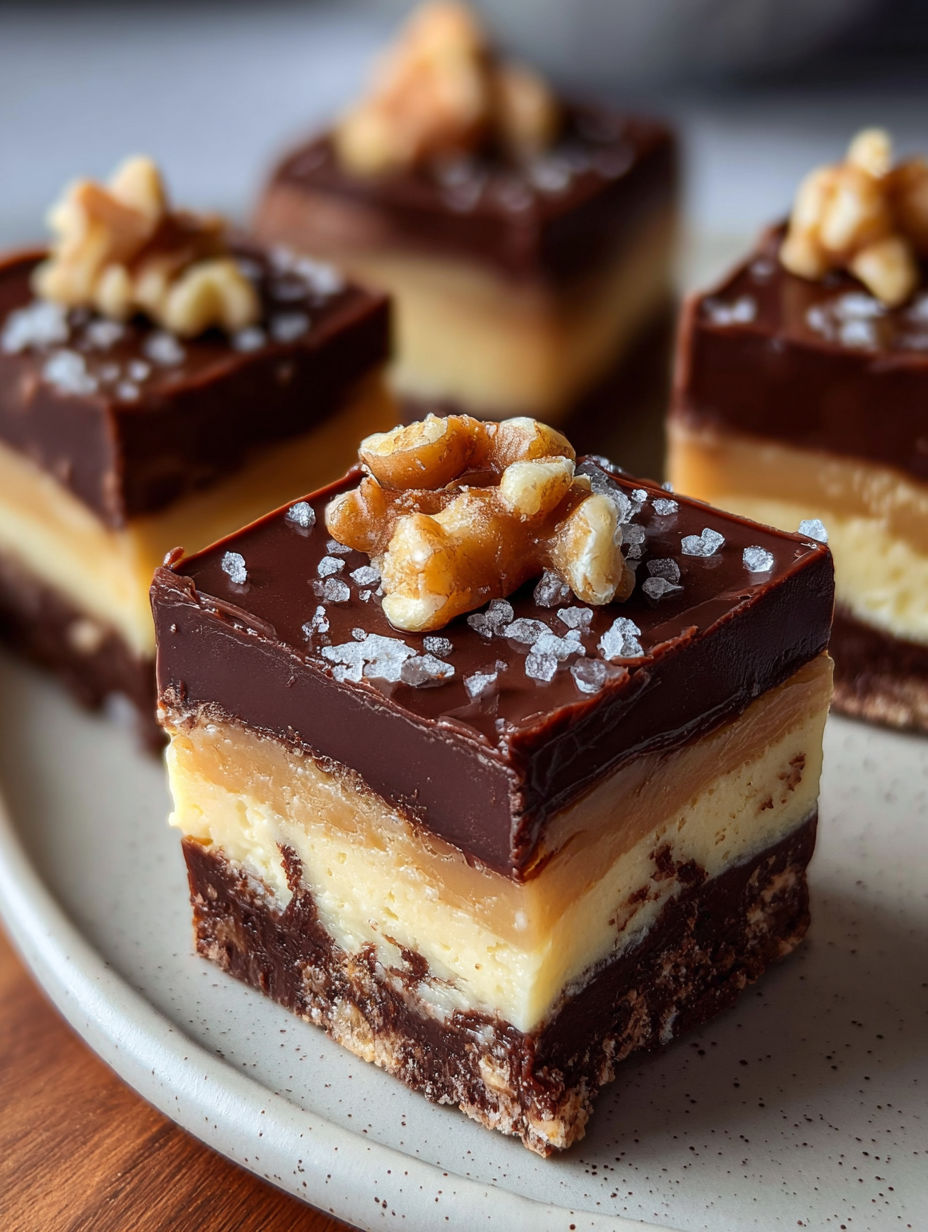 Ein Stück Schokokuchen mit Walnüssen obendrauf.