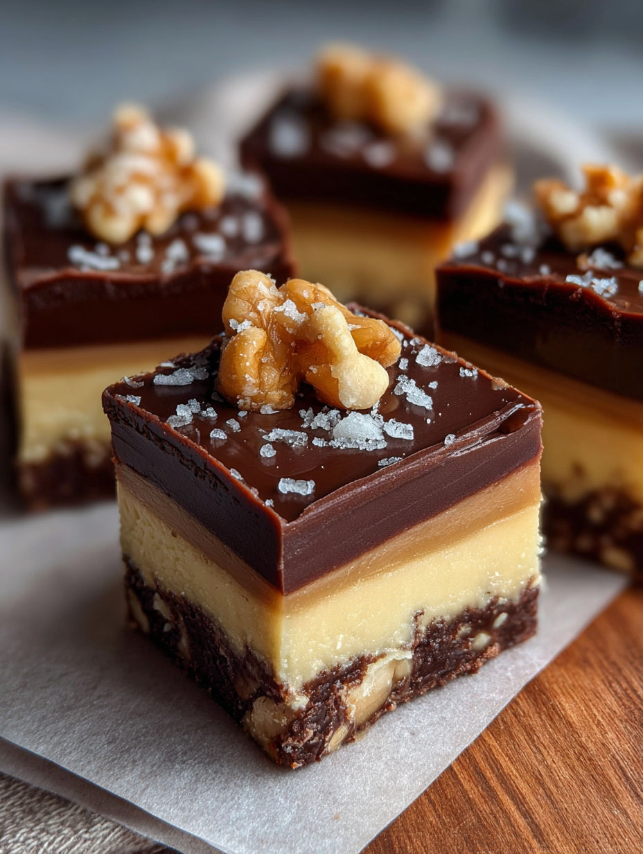 Ein Stück Schokokuchen mit Walnüssen oben drauf.