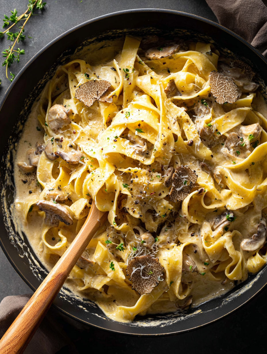 Eine Schüssel Pasta mit Pilzen und Trüffelöl.
