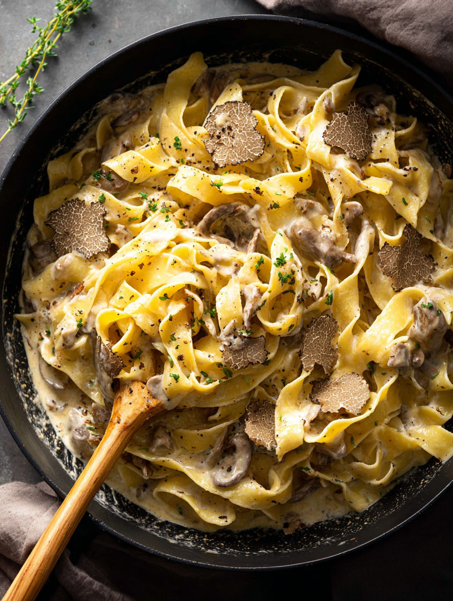 Eine Schüssel Pasta mit Pilzen und Trüffelöl.