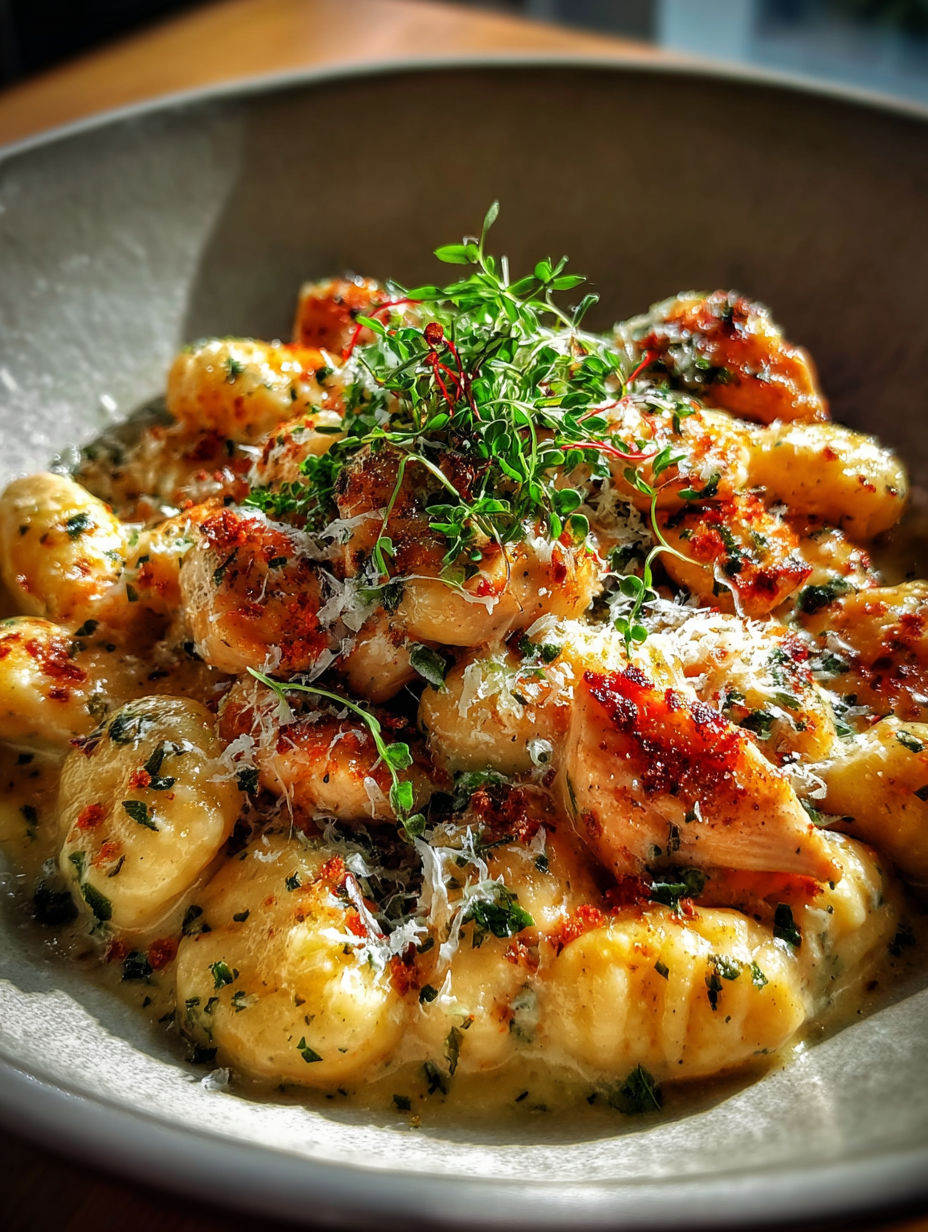 Eine Schüssel mit Asiago Huhn Gnocchi.