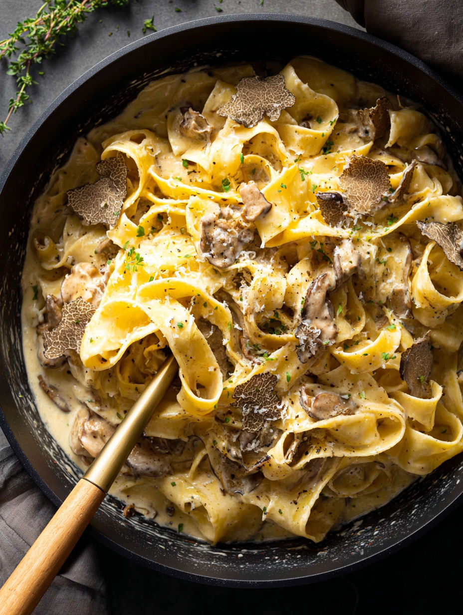 Eine Schüssel Pasta mit Pilzen und Trüffelöl.