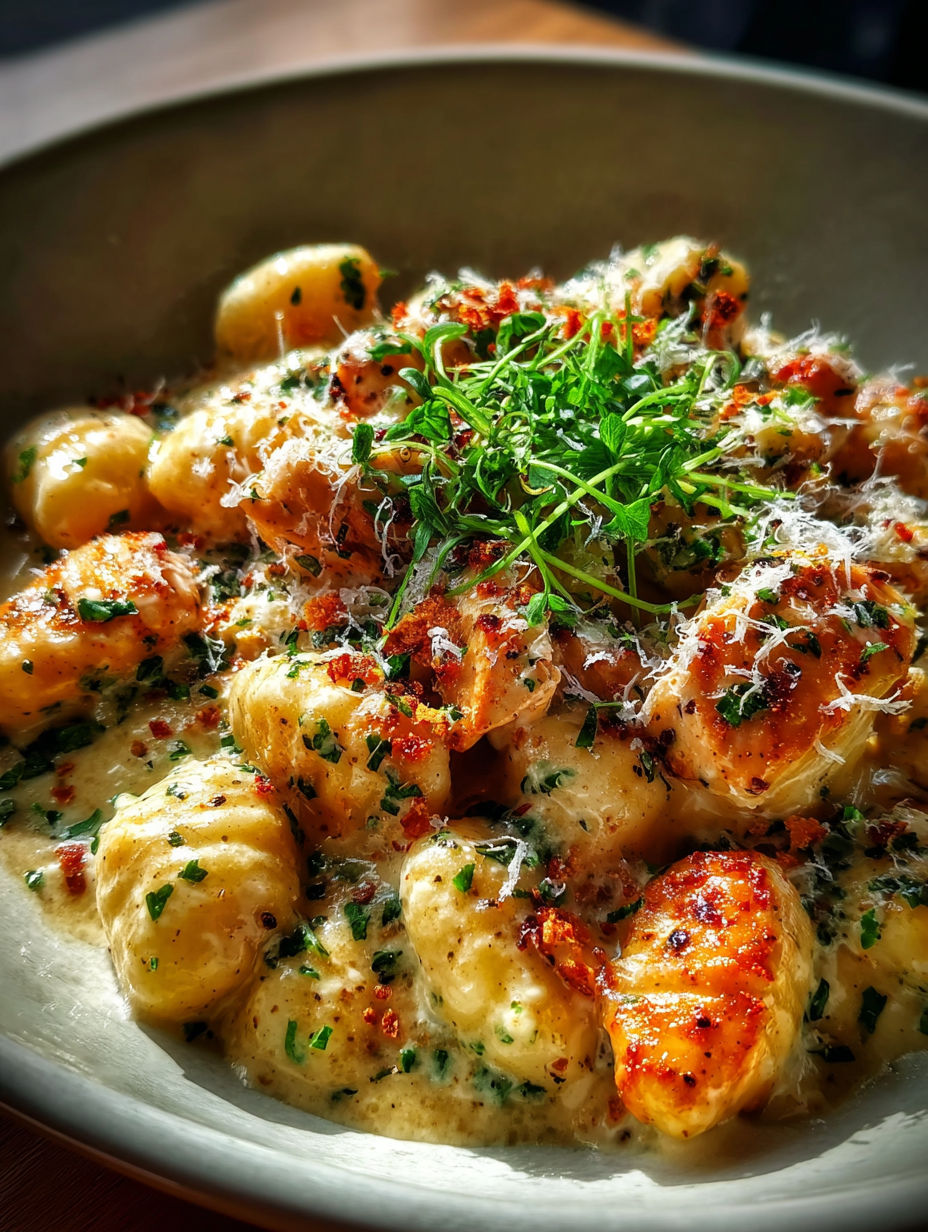 Eine Schüssel Asiago Hähnchen Gnocchi.