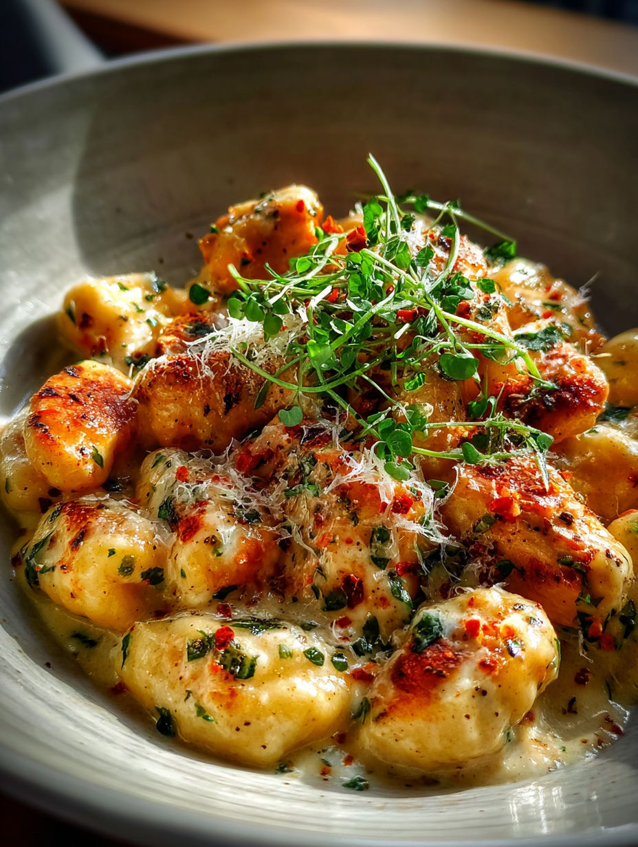 Eine Schüssel Asiago Hähnchen Gnocchi.