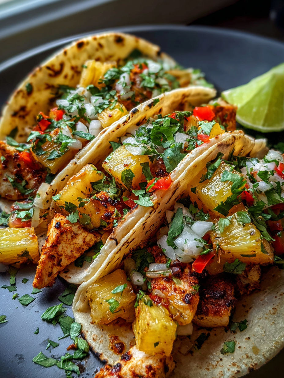Ein Teller mit Hähnchen-Ananas-Tacos.