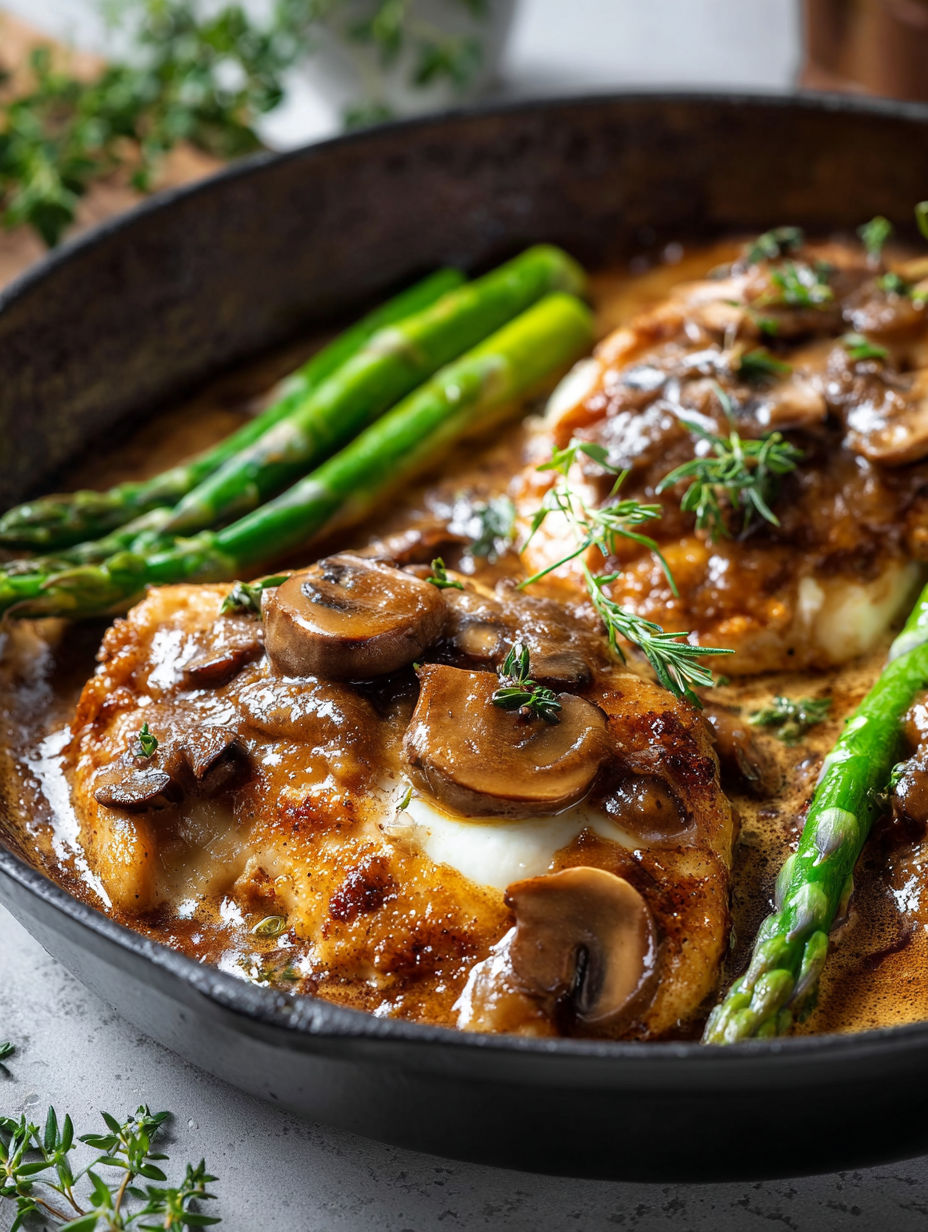 Zartes Huhn Madeira mit Pilzen und Spargel.
