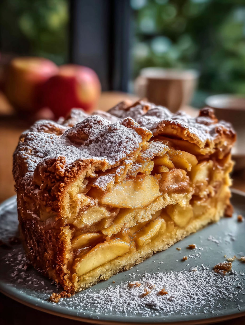 Ein Stück Apfelkuchen mit Puderzucker drauf