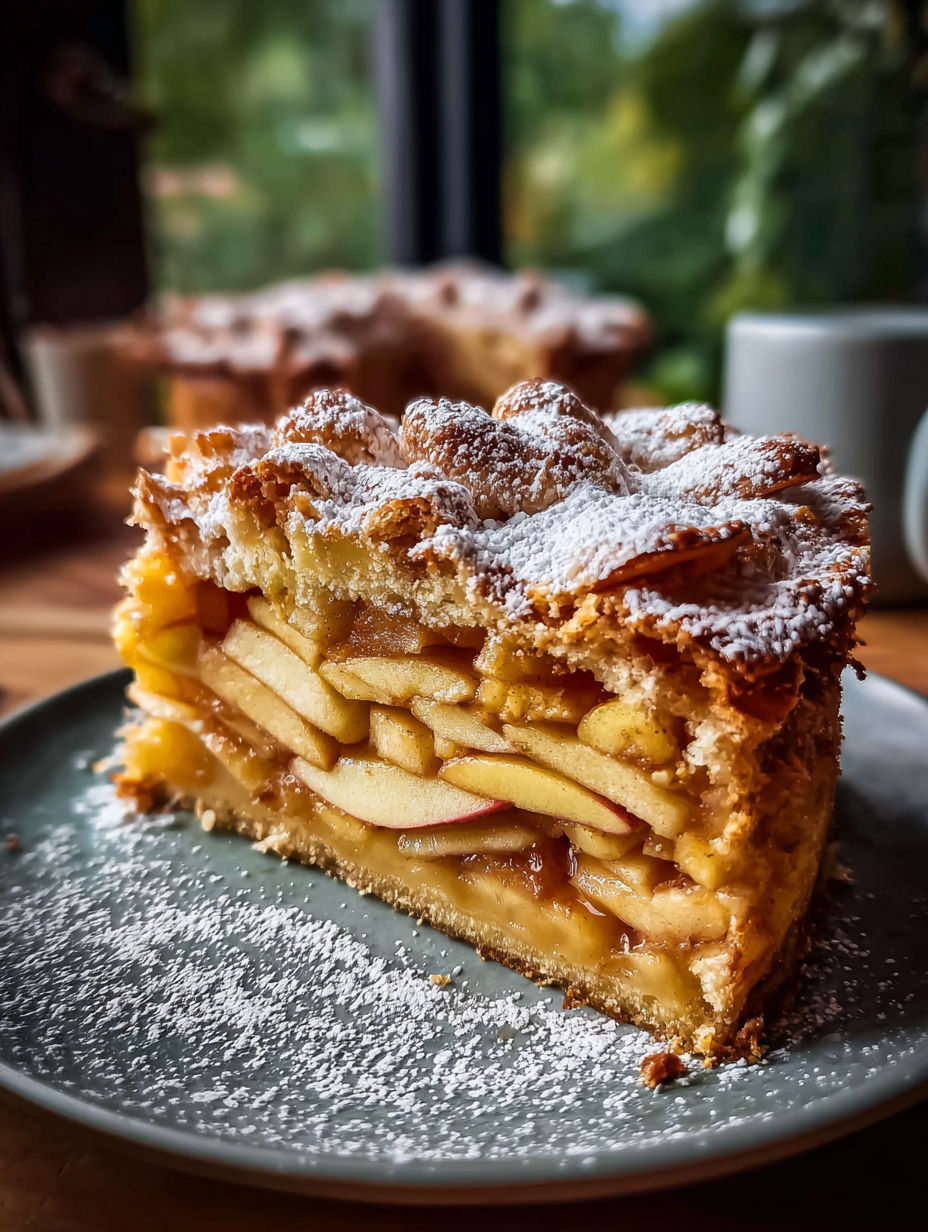 Ein Stück Kuchen mit Äpfeln und Zucker obendrauf.