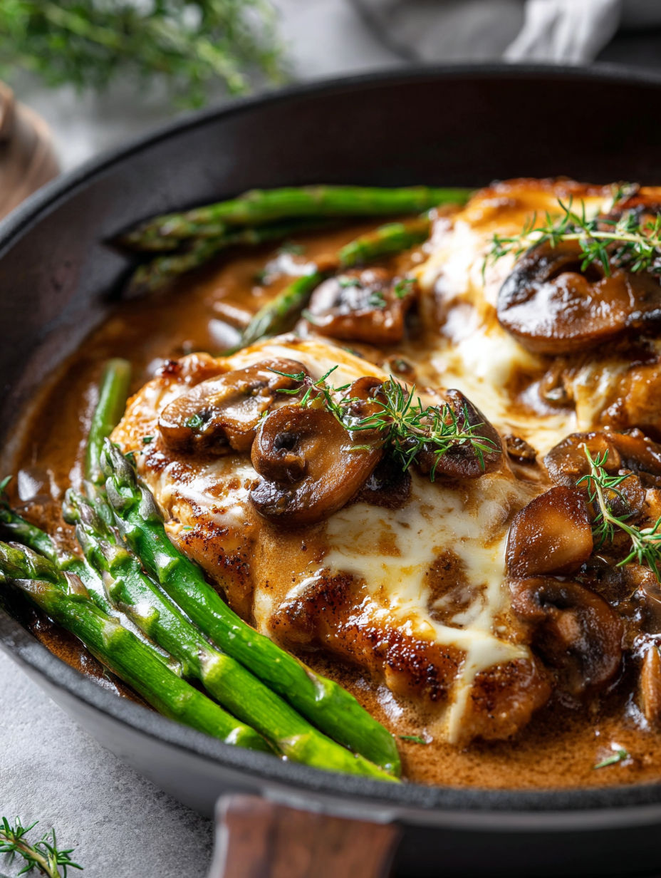 Ein Teller mit Madeira-Hähnchen, Pilzen und Spargel.