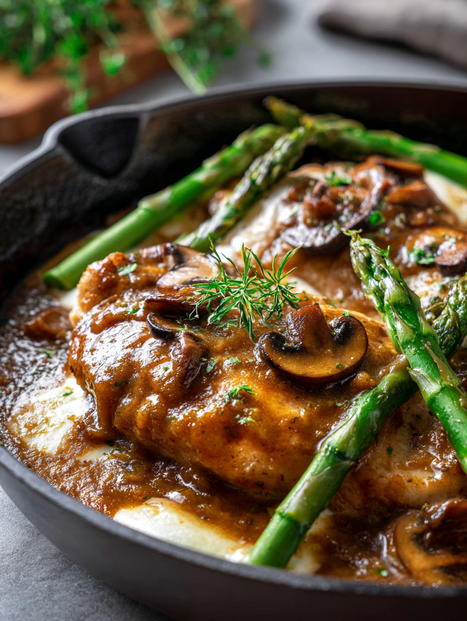 Ein Teller mit Madeira-Hähnchen, Pilzen und Spargel.