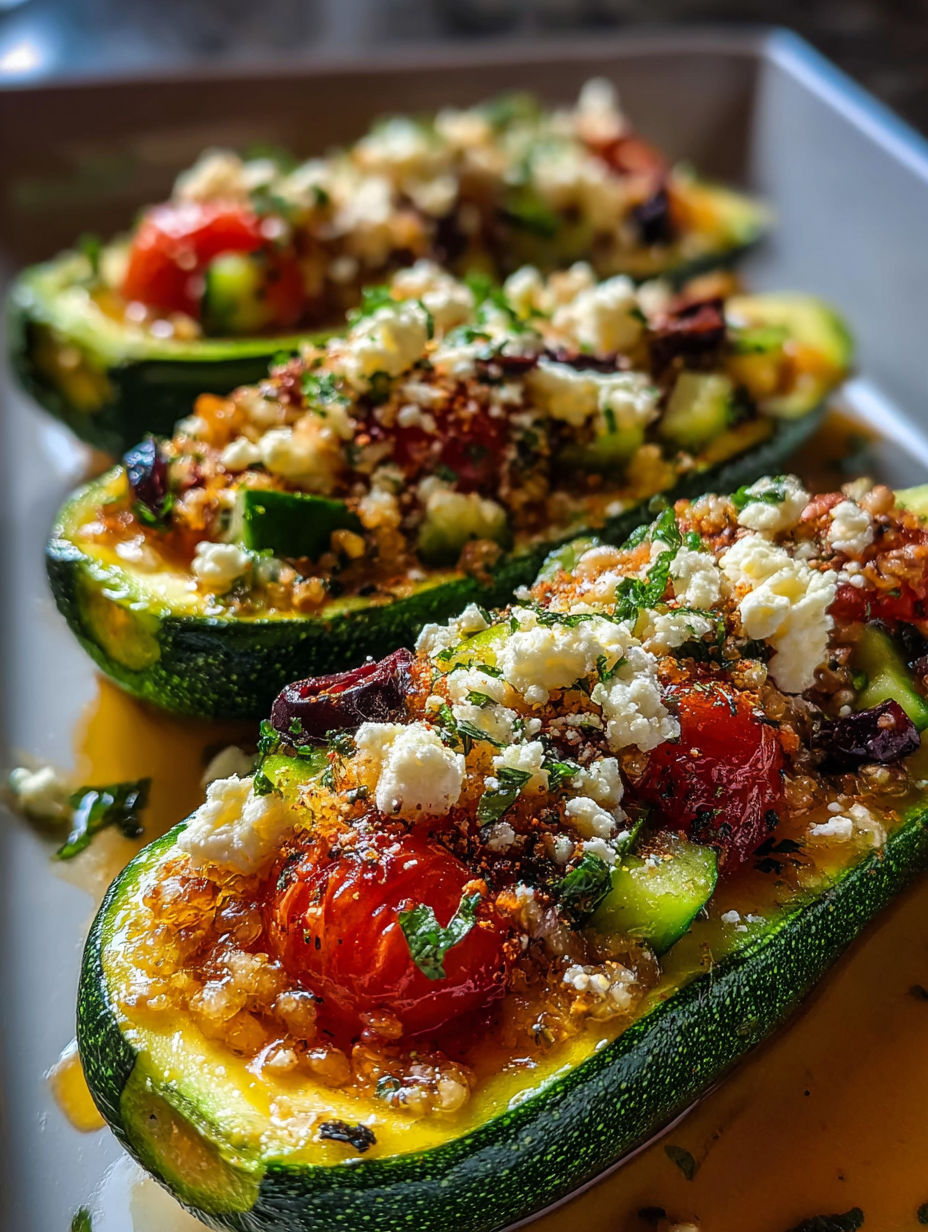 Ein Teller gefüllte Zucchini mit Tomaten und Feta.
