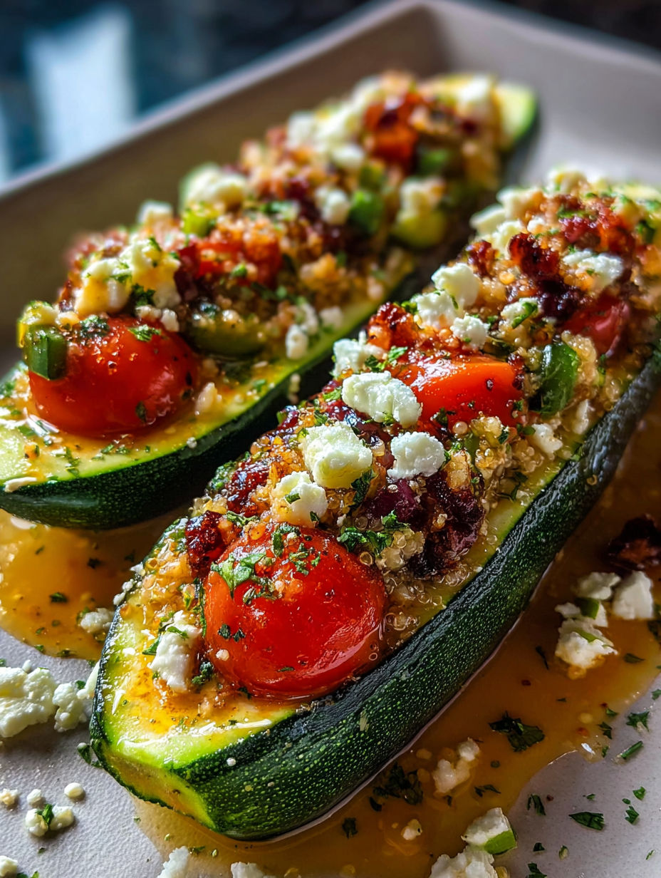 Zwei gefüllte Zucchini mit Tomaten und Käse.