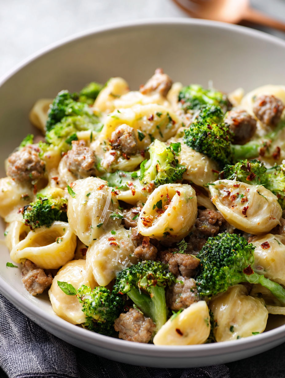 Eine Schüssel Pasta mit Wurst und Brokkoli