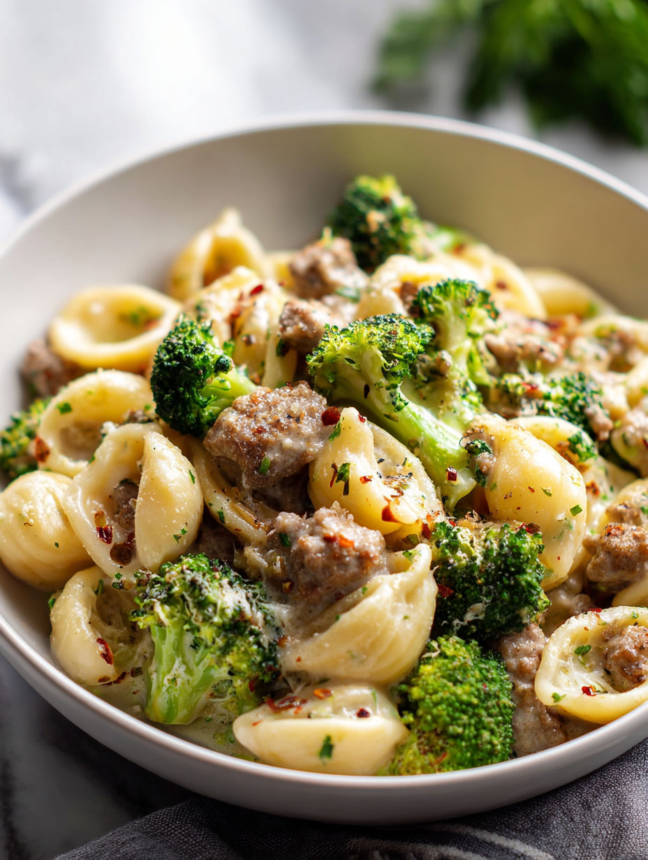 Eine Schüssel Pasta mit Wurst und Brokkoli.
