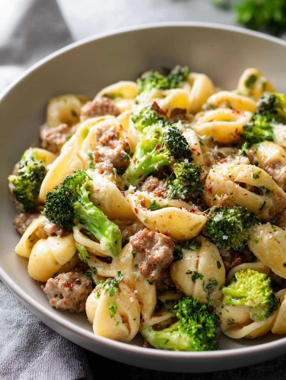 Ein Teller Pasta mit Wurst und Brokkoli.