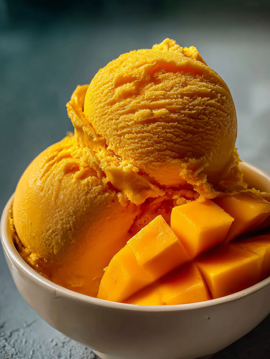 Schale mit frischem Mango-Eis.