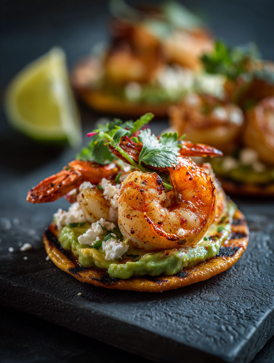 Tostadas mit gegrillten Garnelen und cremiger Avocado.
