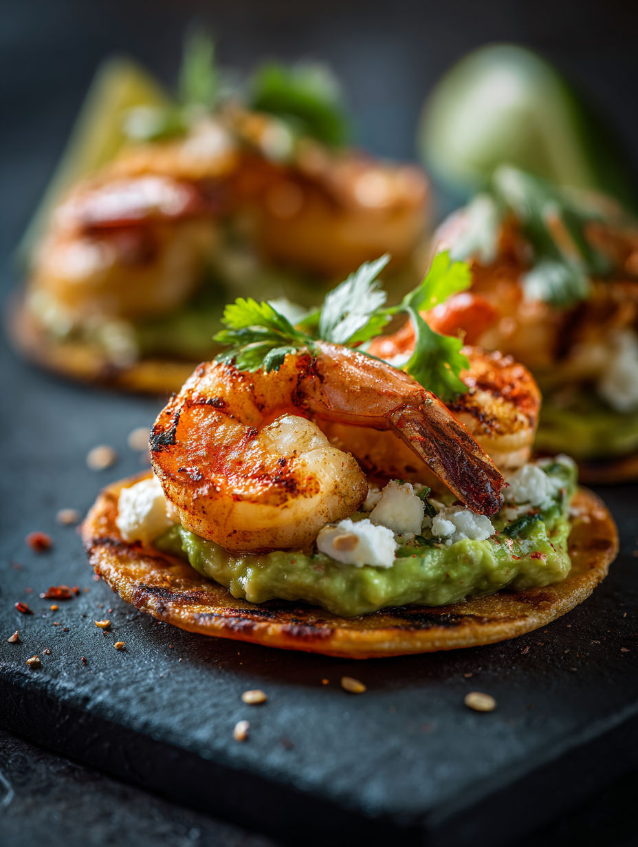 Tostadas mit gegrillten Garnelen und cremiger Avocado.