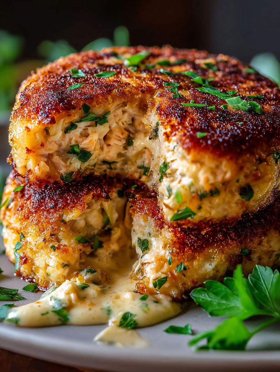 Nahaufnahme von einem knusprigen Thunfisch-Pattie.